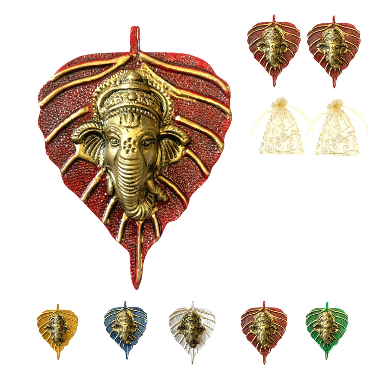 Metal Leaf Ganesha Diwali Decor Wall Hanging for Home & Office Housewarming Return Gift Pooja Favor Ganesha Decorative Wall Hanging Showpiece Pack of 1/2/5/25 Pcs